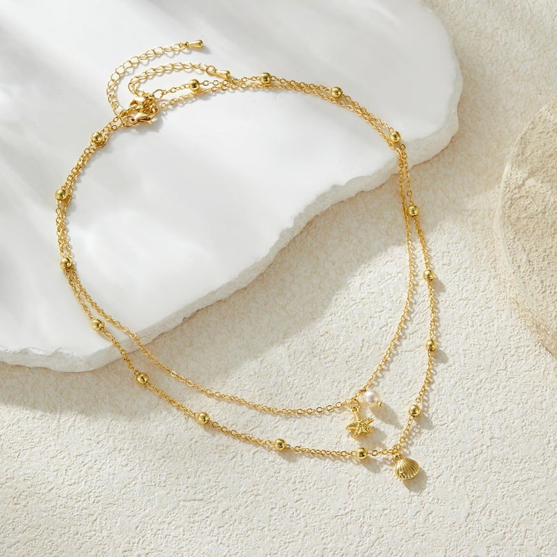 Sanyaa Seashell Starfish Necklace for Women Conch Shell Summer Pearl Beach 14k Gold Layered Dainty Choker - Image 3